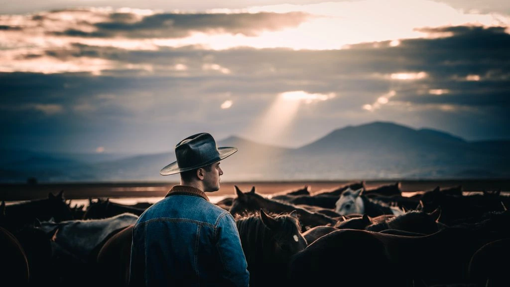 A rancher in Gould's workwear at golden hour on the open prairie